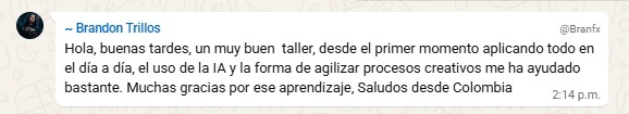 Testimonio de Brandon Trillos desde Colombia: desde el primer momento aplicó todo en su día a día; la IA y la forma de agilizar procesos creativos le ayudaron bastante.